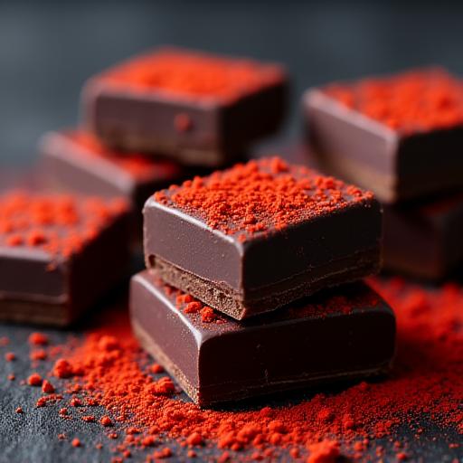 Dark chocolate squares dusted with red chili powder.